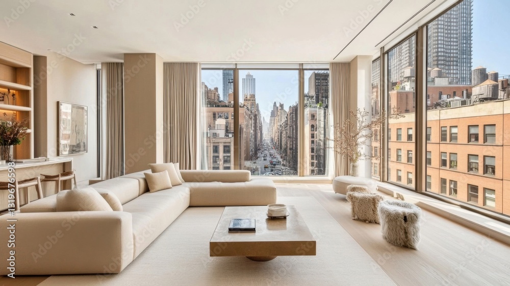 Fototapeta premium a living room with a couch, coffee table, and a view of the city