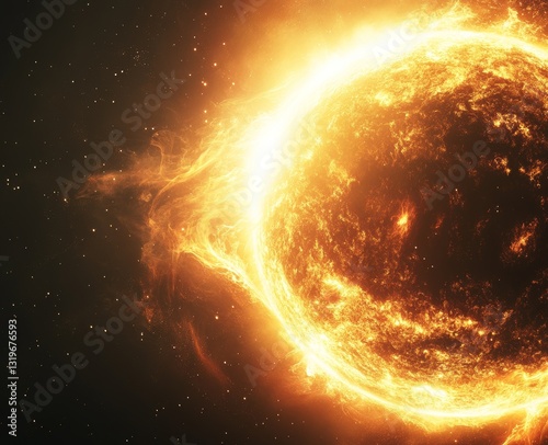 Fiery sun flares in space, cosmic background, energy