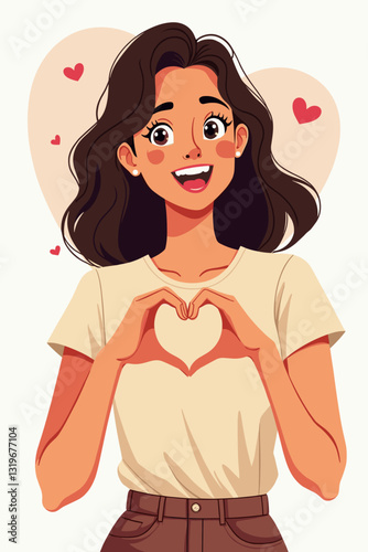Joyful Woman Shows Self Love Happy Expression, Tender Hands on Heart, Kind Emotions, Loving Gesture, Grateful Mood, Vector Art for Positive Affirmations and Emotional Wellness