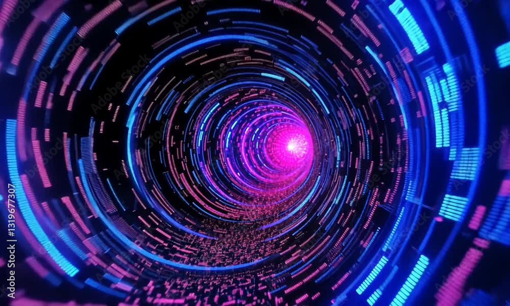 Deep Abstract Digital Tunnel With Swirling Blue And Purple Lights, Creating A Hypnotic Vortex Leading To The Unknown. 4k