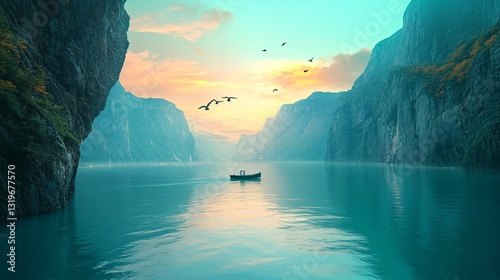Majestic Fjord Background with a Small Boat at Sunrise