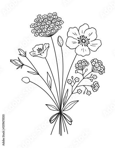 Wildflower line art bouquet. Hand drawn flowers, meadow herbs, wild plants, and botanical elements for design projects. Vector illustration