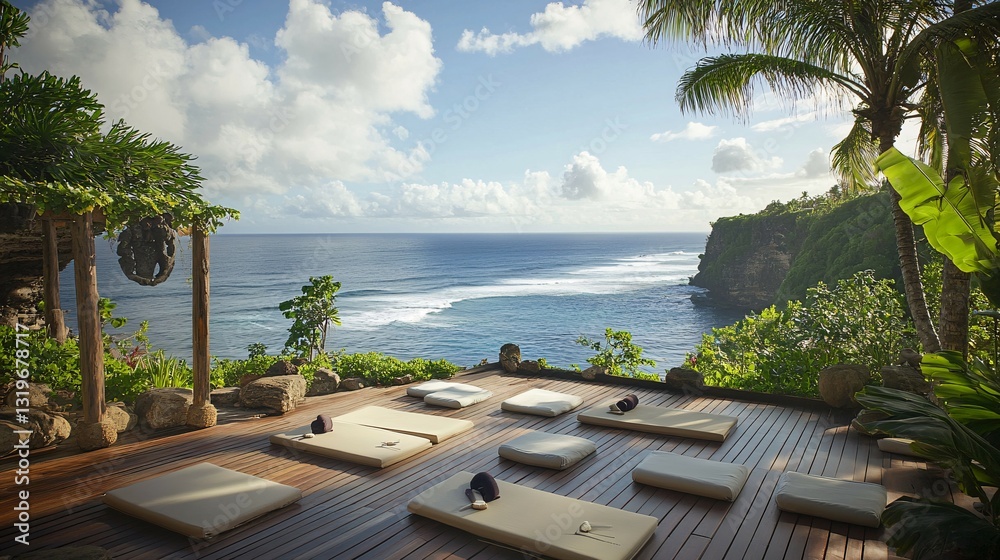 Fototapeta premium Tropical Ocean View Background with Wooden Yoga Deck and Cushions