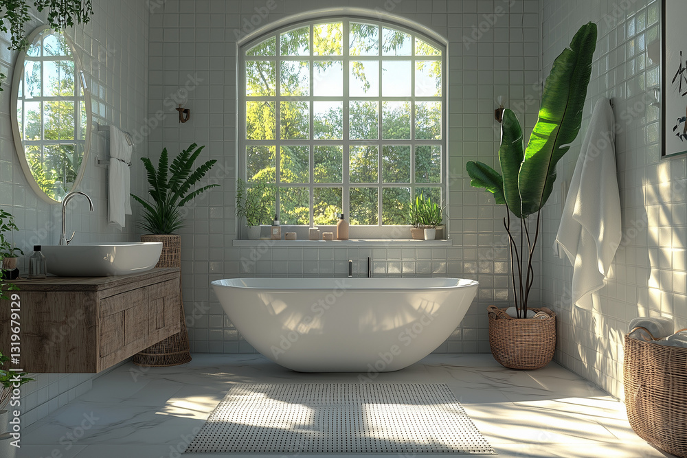 Luxury Bathtub with Large Arched Window and Natural Light