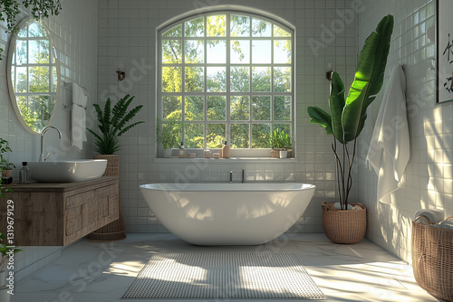 Obraz na płótnie Luxury Bathtub with Large Arched Window and Natural Light
w salonie