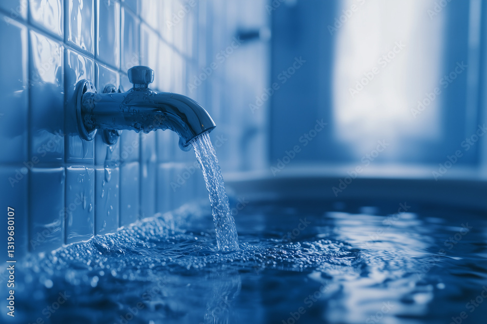 Flowing Water from a Faucet in a Blue-Toned Setting