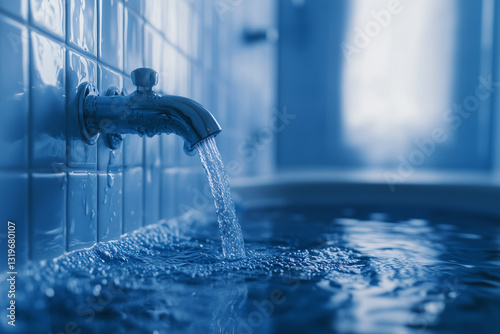 Obraz na płótnie Flowing Water from a Faucet in a Blue-Toned Setting w salonie