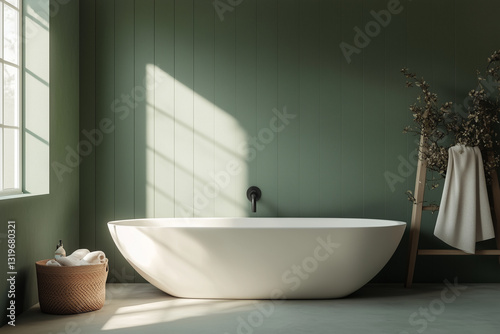 Obraz na płótnie Minimalist Green Bathroom with Soft Shadows w salonie