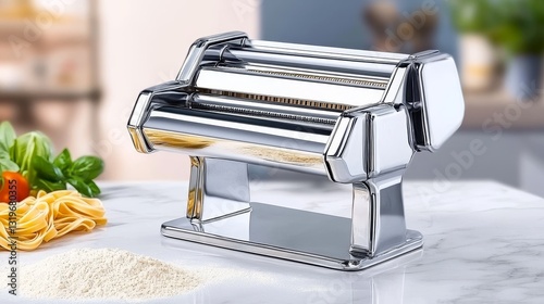 Shiny pasta maker on a kitchen counter with flour and fresh ingredients in the background photo