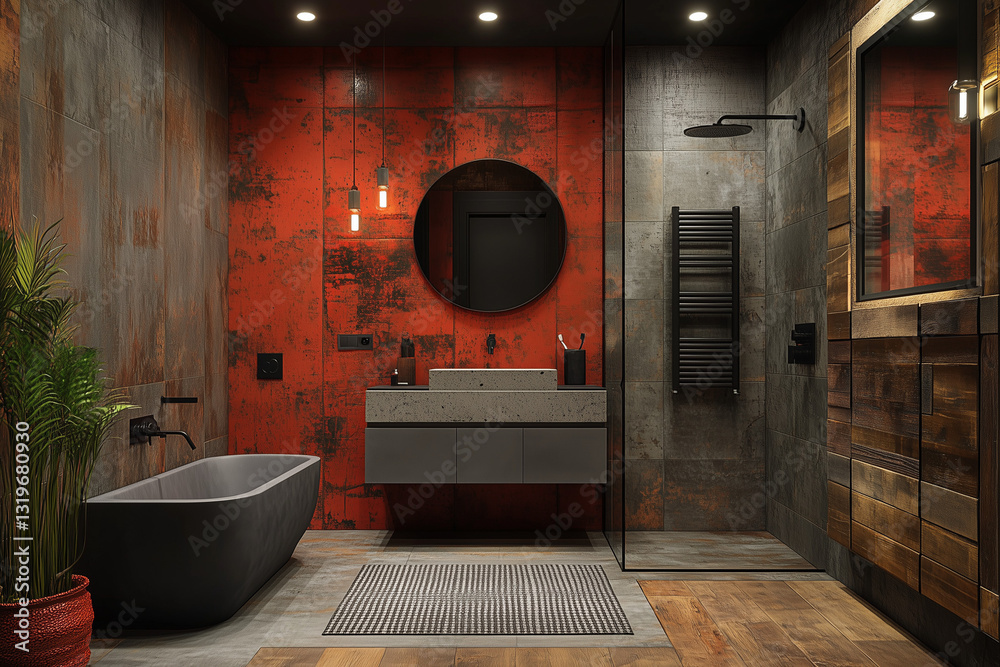 Bold Red & Black Bathroom with Circular Mirror