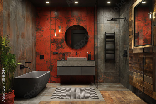 Obraz na płótnie Bold Red & Black Bathroom with Circular Mirror w salonie