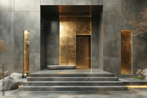 Obraz na płótnie Luxury Spa-Inspired Bathroom with Golden Wall Accents
w salonie
