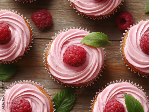 Pink cupcakes with fresh raspberries