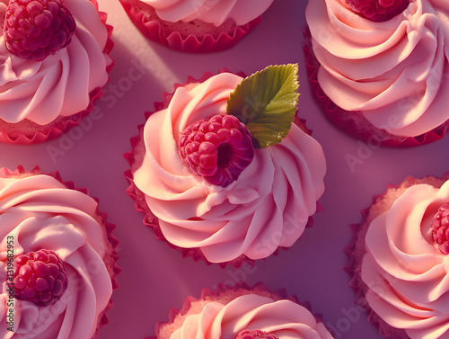 Pink cupcakes with fresh raspberries