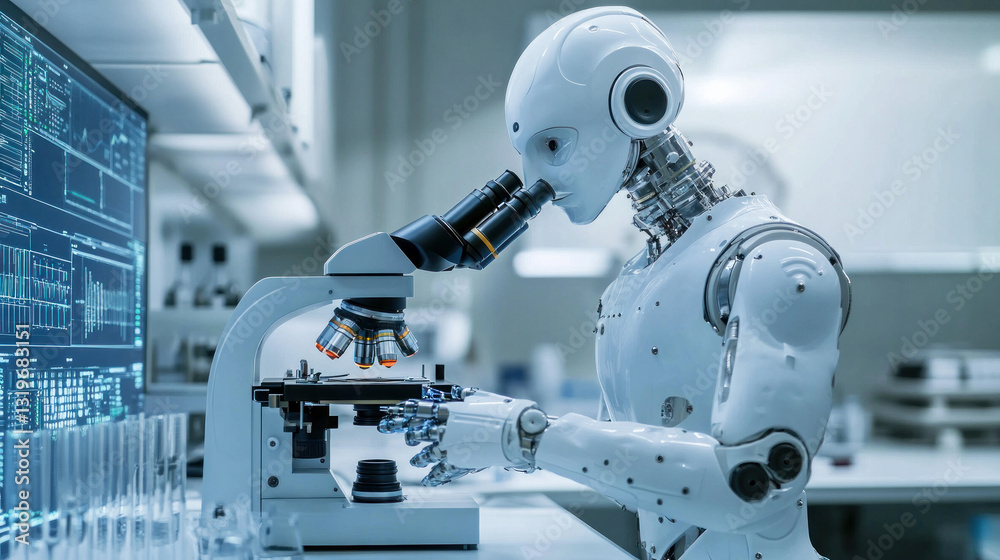 Artificial intelligence and research concept: an AI robot in a scientific lab utilising a microscope Artificial intelligence and research concept: an AI robot in a scientific lab utilising a microscope