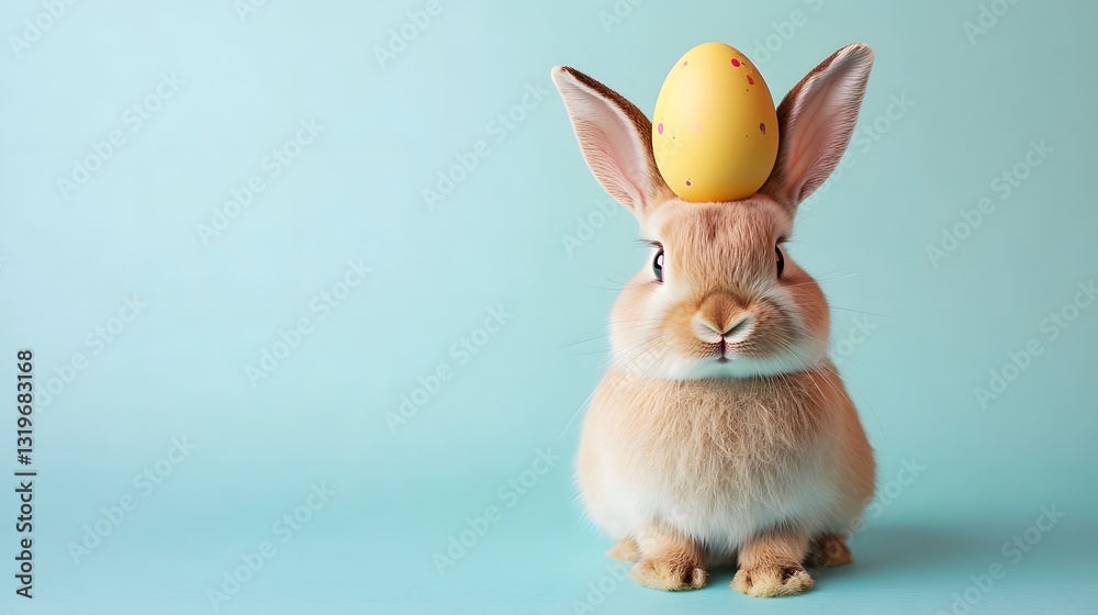 Obraz premium A cute Easter bunny with an Easter egg on its head on a pastel background.
