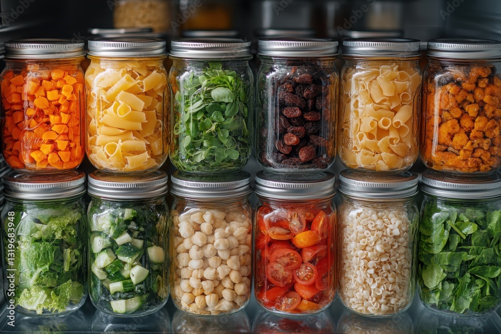 Organized pantry showcasing glass jars filled with diverse food items enhancing kitchen aesthetics and promoting food storage Organized pantry showcasing glass jars filled with diverse food items enhancing kitchen aesthetics and promoting food storage