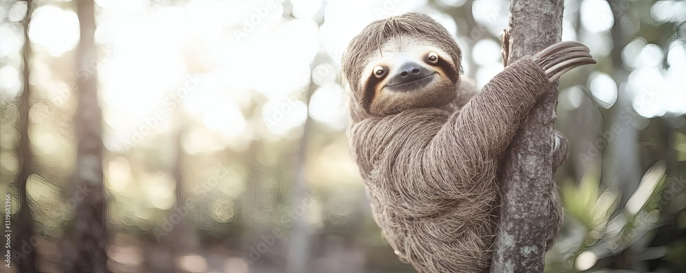 Obraz premium A smiling sloth clinging to a tree branch in bright sunlight