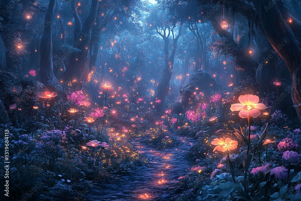 A mystical forest scene features glowing flowers and a path A mystical forest scene features glowing flowers and a path