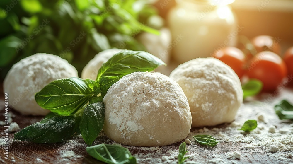 Fototapeta premium Flour-dusted pizza dough balls on kitchen counter
