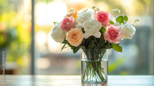 Beautiful pastel roses bouquet in a glass vase on wooden table near window pink home white light