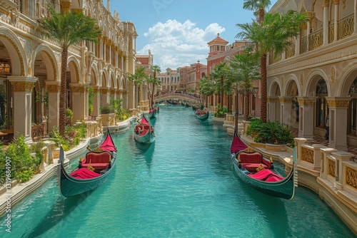 Gondolas float along a canal surrounded by ornate buildings evoking a sense of romance and travel Beautiful blue sky with clouds