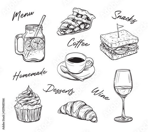 Vector collection of ink style hand drawn illustrations of lemonade, pie, croissant, wine glass, sandwich and pie for restaurant or cafe menu