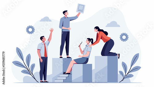 Diverse Group Thinking Together Problem Solving With Question Marks, Brainstorming Ideas, Collaboration, Business Strategy, Finding Answers, Modern Office Setting, Colorful Vector Illustration