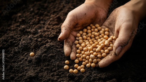 Hands Holding Soybean Seeds Above Dark Soil, Symbolizing Agriculture, Growth, and Sustainable Farming Practices Under Natural Light Conditions