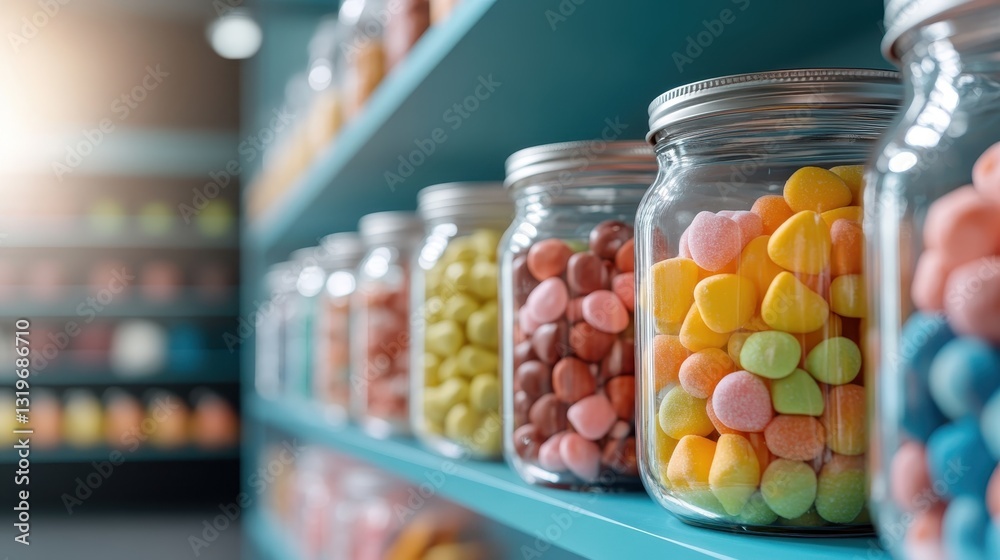 A vibrant display of candy jars filled with colorful treats, showcasing an assortment of sweets arranged neatly on bright blue shelves for an enticing visual appeal. A vibrant display of candy jars filled with colorful treats, showcasing an assortment of sweets arranged neatly on bright blue shelves for an enticing visual appeal.
