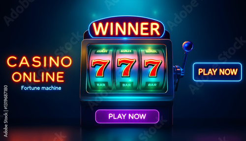 Exciting online casino slot machine illustration with neon lights and gold coin effects