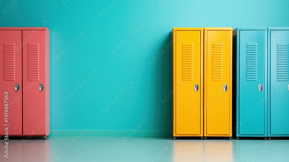 A minimalistic setup featuring sleek yellow and teal lockers against a bright wall captures modern design trends and the essence of organized storage, ideal for contemporary settings. A minimalistic setup featuring sleek yellow and teal lockers against a bright wall captures modern design trends and the essence of organized storage, ideal for contemporary settings.