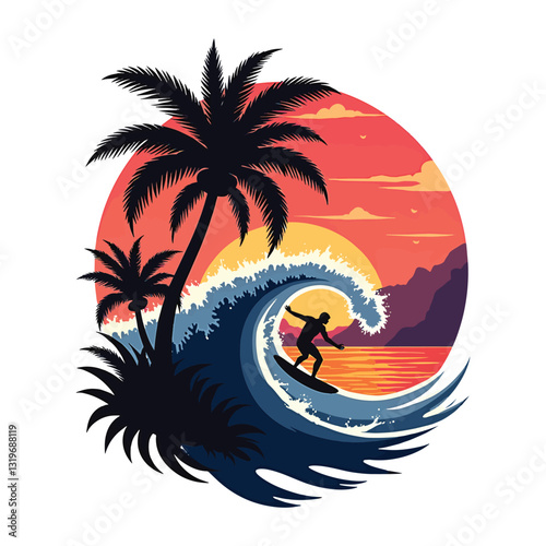 Summer T-shirt Design Surfer riding a wave at sunset among tropical palms.