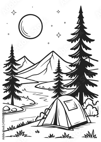 Peaceful Camping Scene Outline Black and White Vector for Kids Coloring, Camping Coloring Page Tent Trees and Stars, kids camping coloring book, Nighttime Lake Camping Drawing for Kids
