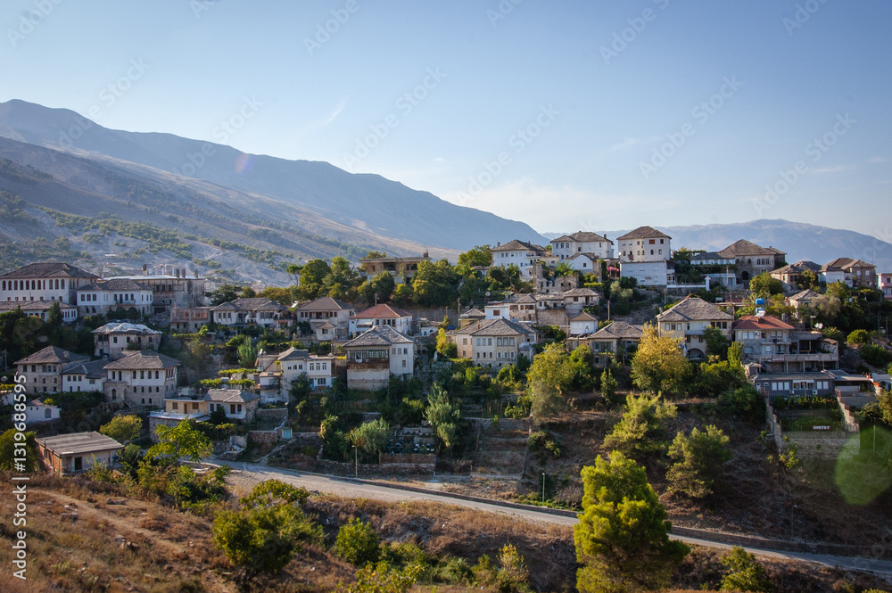 Fototapeta premium A view from the castle towards the center of the city of Gjirokaster, Albania in summertime