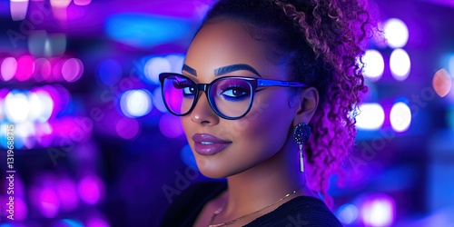 black woman technology concept with glowing digital circuitry transferring data via upload and download bandwidth