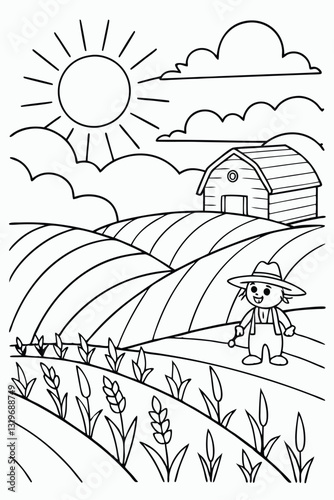 Peaceful Farm Scene Outline Black and White Vector for Kids Coloring, Farm Coloring Page Barn Hills and Scarecrow, kids farm coloring book, Bold Outline Vector Peaceful Farm Scene
