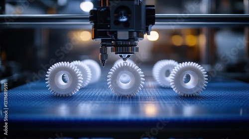 3d printer creating white gear parts on blue surface in industrial setting