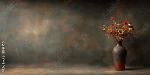 Elegant rustic still life with a vase of dried flowers in a studio setting with a muted background