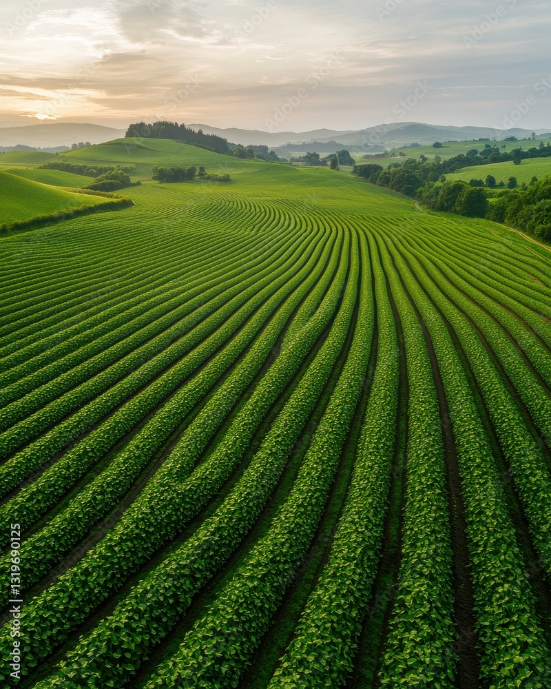 Verdant Rows of Potato Plants on a Rolling Hillside at Sunset, Agriculture Landscape Verdant Rows of Potato Plants on a Rolling Hillside at Sunset, Agriculture Landscape