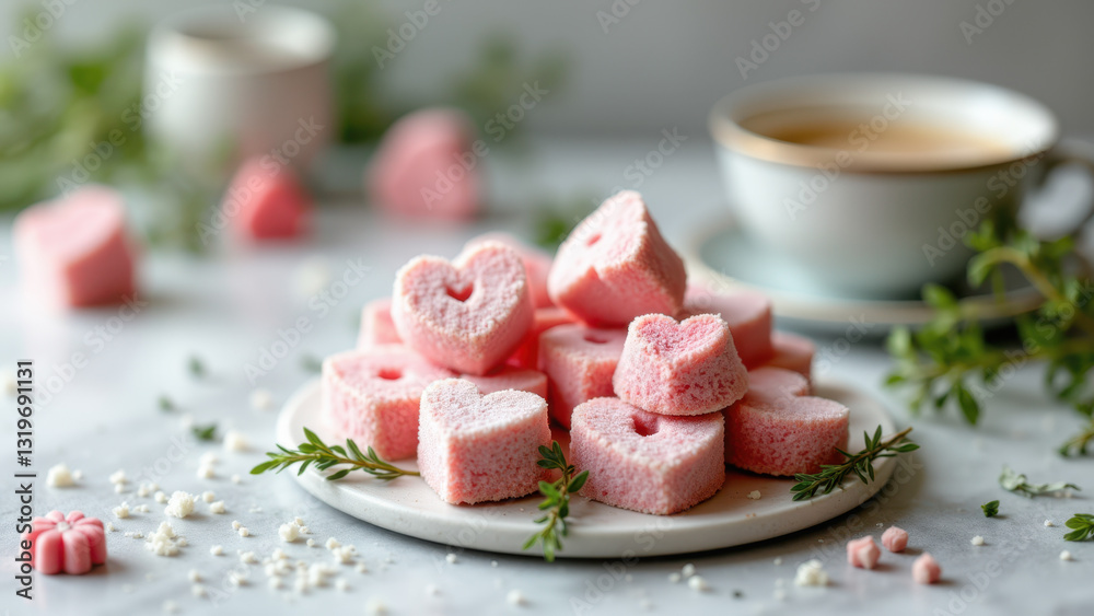 A plate with heart-shaped sugarless candy surrounded by edible flowers on a wooden surface. A plate with heart-shaped sugarless candy surrounded by edible flowers on a wooden surface.