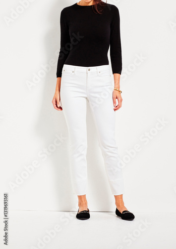 Casual Summer Pants Women High Waist Trousers for Women, Casual blue denim for women’s paired with beautiful pair of heels and white background