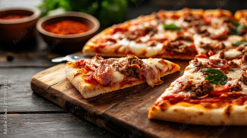 An appetizing slice of gourmet pizza with rich meat toppings and fresh basil, elegantly served on a wooden board, ideal for indulgent moments and gatherings with loved ones. An appetizing slice of gourmet pizza with rich meat toppings and fresh basil, elegantly served on a wooden board, ideal for indulgent moments and gatherings with loved ones.