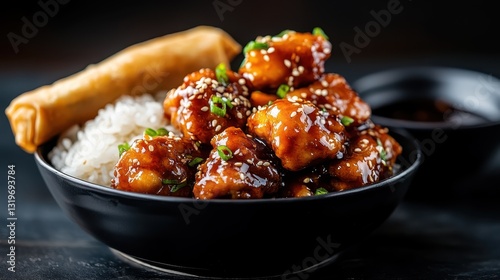 This enticing bowl features stir-fried chicken coated in a flavorful sauce, accompanied by steamed rice and crispy spring rolls, perfect for a satisfying meal.