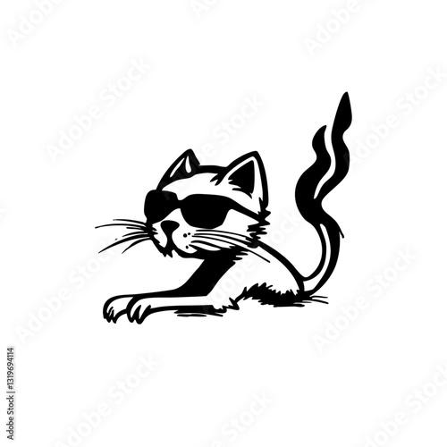 Cool flaming cat with sunglasses, edgy hand-drawn illustration