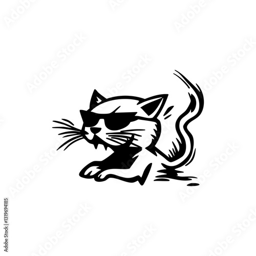 Cool flaming cat with sunglasses, edgy hand-drawn illustration