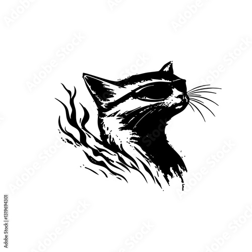 Cool flaming cat with sunglasses, edgy hand-drawn illustration