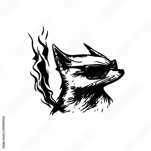 Cool flaming cat with sunglasses, edgy hand-drawn illustration
