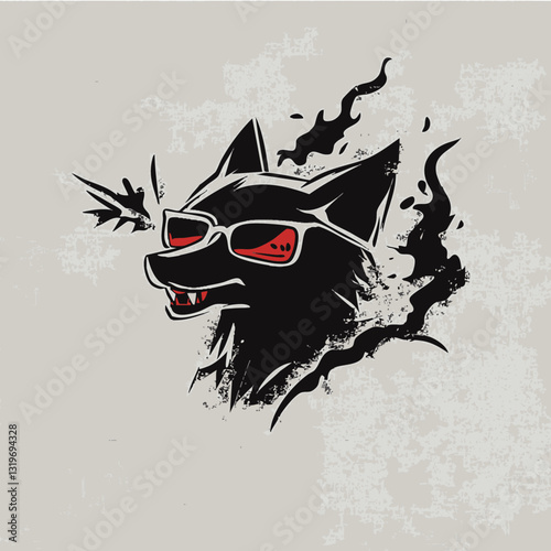 Mysterious black cat with red sunglasses and flames, dark fantasy art