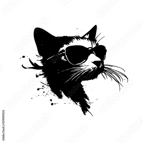 Cool flaming cat with sunglasses, edgy hand-drawn illustration